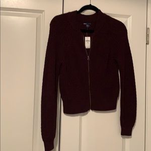 Burgundy knit bomber jacket
